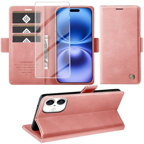Giyer Handyhülle für iPhone 16 Hülle mit Schutzfolie, Kartenfach Wallet Klapphülle Premium Leder Standfunktion Schutzhülle für iPhone 16 4G/5G Flip Case Cover Tasche (Rosa)