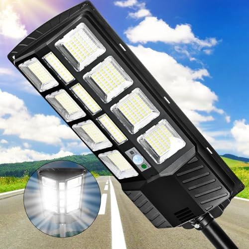 Wsatn 800W Réverbère Lampadaire Solaire Exterieur avec Télécommande-6500K Spot Solaire Extérieur Détecteur de Mouvemen 6500k, Grand angle 180°DéTecteur de Projecteur LED Jardin, IP65 Etanche