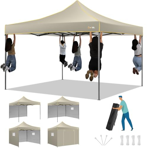 Hoteel Gazebo 3x3 Pieghevole Impermeabile Esterno Resistente, Gazebo da Giardino Robusto con 4 Pareti Laterali e Finestre con Zanzariera, Protezione UV 50+ per Feste, Festival, Campeggio, Cachi