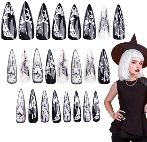 Vbnuyhim Faux ongles horreur d'Halloween – Art portant des faux ongles d'Halloween – Faux ongles d'Halloween à bout long et pointu à presser sur les faux ongles pour hommes, adultes, âges, amis