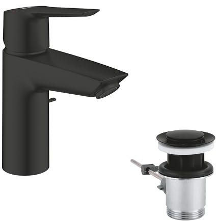 GROHE Start, energiesparende Waschtischarmatur, Kaltwasser in Mittelstellung (Wasserhahn für das Waschbecken, 17cm hoch, Zugstangen Ablauf, 3in1 Werkzeug, einfache Installation), schwarz, 311372432