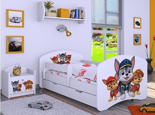 BDW Lit pour enfant - Super chien Paw - Lit bébé avec matelas et tiroir - Confortable et durable - Protection anti-chute - Chambre d'enfant (blanc, 190 x 90 cm)
