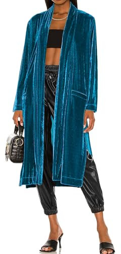 R.Vivimos Autumn Winter Velvet Jackets for Women Long Sleeve Loose Fit Warm Jacket Casual Long Cardigan with Side Split(Large,Seablue)