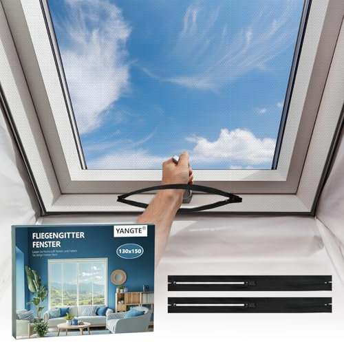 YANGTE Fliegengitter für Dachfenster 130x150 cm, Fliegengitter Fenster Schwarz 4 Stück, Insektenschutz Dachfenster ohne Bohren, Mückenschutz Fliegenschutz Fenster zuschneidbar mit Klettband