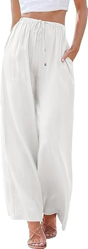 Cegerne Damen Leinenhose Lang Sommerhose Leicht Strandhose Loose Fit Locker Stoffhose Weite Beine Musselin Palazzo Hose mit Taschen, 0-Weiß, M