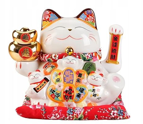 GATTO FORTUNATO CINESE in ceramica da 11 pollici con braccio ondeggiante (28 cm) MANEKI NEKO