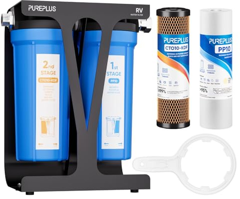 PUREPLUS Zweistufiges Wasserfiltersystem für Wohnmobile, inklusive Zwei Kartuschen und Halterung, NSF/ANSI 42-Zertifiziert, reduziert Sedimente, Schwermetalle, Chlor und mehr, mit 1,9 cm