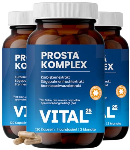 Prosta Komplex Kapseln im Braunglas - hochdosiert mit Sägepalmenextrakt, Brennnessel, Kürbiskern, OPC, Lycopin, Vitamin E, Zink, Selen - vegan - 270 Kapseln für 6 Monate von Vital25®
