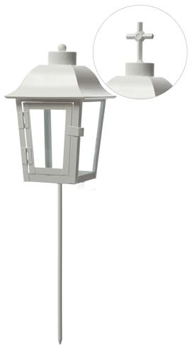 Grablaterne Grablicht 2 wechselbare Spitzen (kugel, Kreuz) Grableuchte mit Erdspieß Grablampe Friedhofslaterne Gartenlaterne weiß (Laterne ohne Kerze)