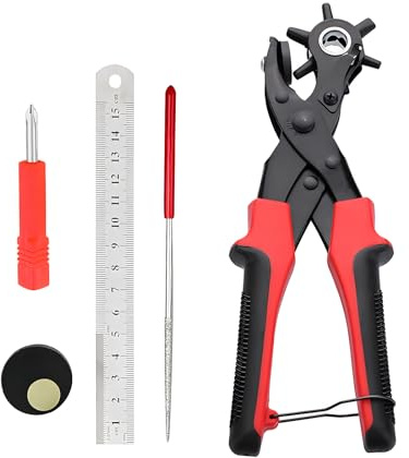 Foyscr Heavy Duty Rotary Leather Punch Plier - Multi-Size Hole Puncher for Belts, Crafts, Cards & Rubber,(Red)