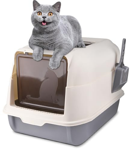 OHMG Katzenklo, Katzentoilette mit Deckel+Zubehör Inklusive Schaufel und Matte,Katzen Klo Geschlossen Groß, XXL Cat Litter Box,Ausziehbares Tablett (Asche-36 * 51 * 34cm)