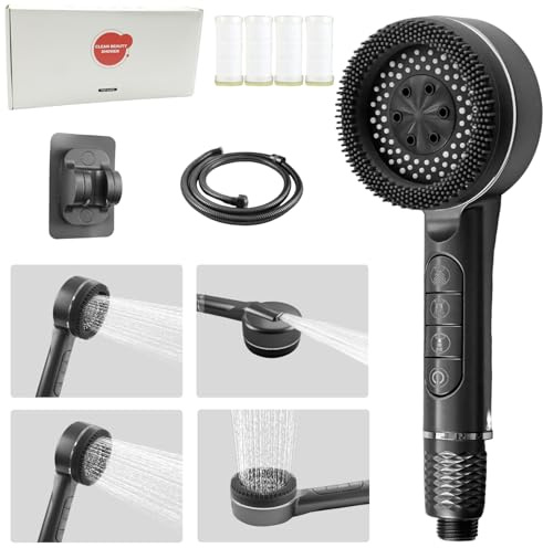4 Mode High Pressure Shower Head with 1.5m Shower Hose&Stand | Hard Water Filter Shower Head with Pause Switch, Handheld Massage Shower Head for Chlorine Remove