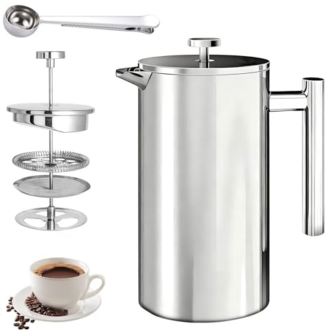 Yeqqzq Cafetiere French Press Coffee Maker 350 ml with Measuring Spoon | Insulated French Press Stainless Steel, Easy Clean Tea Brewer, 3-Layer Filter, Cold & Heat Resistant, Kitchen & Camping