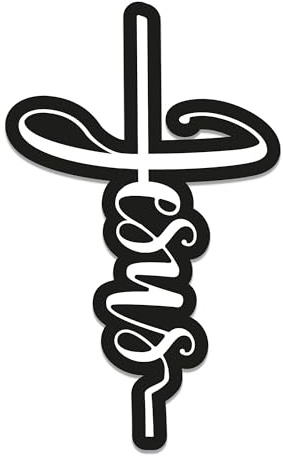 Jesus Kreuz Aufkleber Auto 14×9 cm – Premium Schriftzug mit kontraststarker Umrandung – Christlicher Aufkleber wetterfest – Schwarz Weiß Weinrot (Weiß)