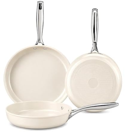 Sartén Antiadherente Induccion, Pequeña Sarten Recubrimiento Ceramica, Fondo de Aluminio Para un Calentamiento Uniforme, Con Mango de Acero inoxidable, Sin PFOA ni PTFE ni PFAS (Beige, 20/24/28cm)