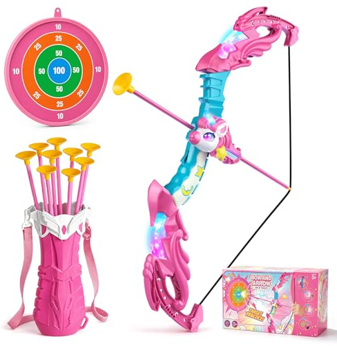 Unicorn Toys for Girls Ages 3-12, Bow and Arrow Set for Kids with 10 Arrows | Light Up Archery Toy with Target & Quiver, Indoor Garden Birthday Gifts for Girls