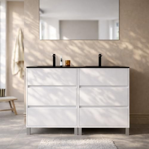 AURLANE Meuble de Salle de Bains 120cm Blanc 6 Tiroirs et Vasque Double Céramique Noire - Xenos