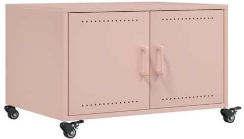 Favemtsl Table basse rose 68 x 50 x 43,5 cm, table d'appoint mobile en acier laminé à froid avec roulettes et 2 portes, table de salon moderne avec espace de rangement pour salon