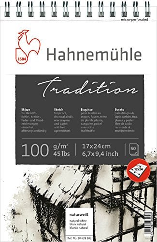 Hahnemühle Tradition Skizzenpapier, Zeichenblock mit 100 g/m², spiralisiert, 50 Blatt, 17x24 cm