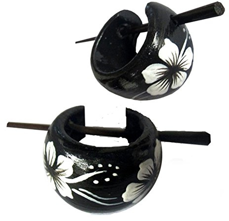 CHICNET Hawaii Blumen Holzcreolen Pin-Ohrringe Pin-Creolen Holz Horn Pin schwarz weiß handbemalt 16 mm