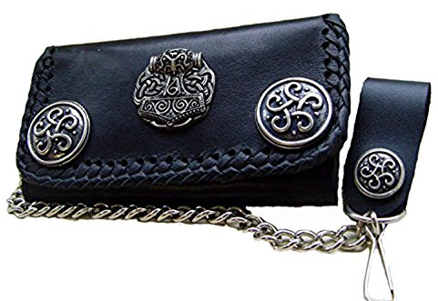 Lederecke Konstanz Biker -Leder-Geldbörse Zierniete Nordgermanischer Thorshammer Lederfarbe Schwarz 16x10 cm mit Kette und Schlaufe mit Druckknopf