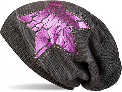styleBREAKER Strick Beanie Mütze mit Vintage Stern Print und Strass Rand, Strickmütze mit Streifen Muster, Unisex 04024083, Farbe:Dunkelgrau/Pink