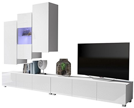 Wohnwand Calabrini XVII, Anbauwand, Mediawand, TV Lowboard, Hängevitrine, Hängeschrank, Fernsehschrank, Wohnzimmerschrank (Weiß/Weiß Hochglanz, mit Blauer LED Beleuchtung)