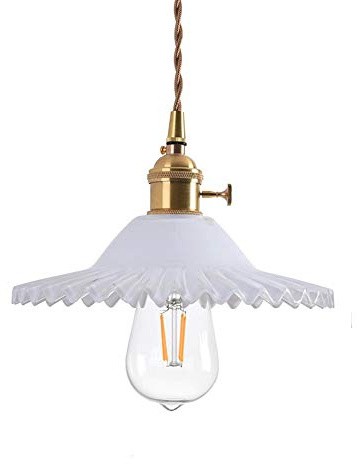 HJXDtech Vintage Industrie Pendelleuchte Hängelampe mit Glas Lampenschirm Retro Geflochtene Flexible Wire Deckenleuchte E27 Messing Finish Lampenfassung Hängeleuchte (Weiß)