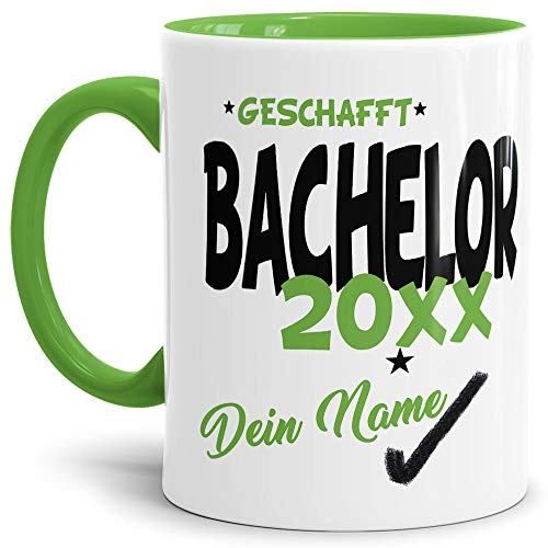 Tassendruck Bachelor-Tasse Geschafft Bachelor 20XX - Selbst gestalten mit Jahr und Name zum bestandenen Bachelor/Abschluss/Lernen/Prüfung/personalisierte Geschenk-Idee/Innen & Henkel Hellgrün