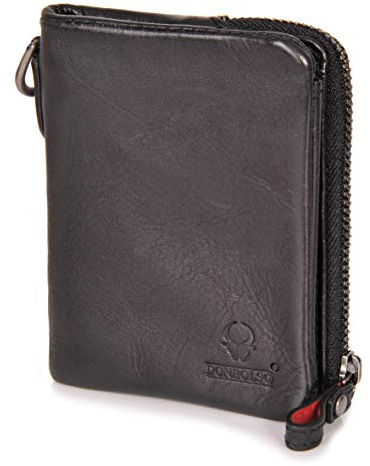 DONBOLSO Damen Slim Wallet Rio - Portemonnaie Damen Klein aus Leder mit 4 Kartenfächern und RFID Schutz - Geldbörse mit Reißverschluss im Vintage Look Für Reisen und Alltag, Schwarz - 10 x 9 cm