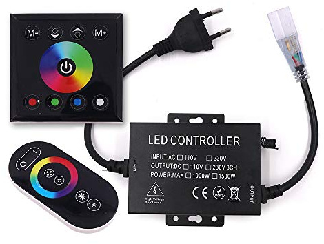 XUNATA Touch Control RF Remote & Panel for RGB LED Strip/Neon Light/Rope Light, 220V 1500W LED Controller Transformer Power Adapter EU Plug