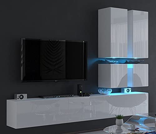 Furnitech Wohnwand Wohnzimmer | Wohnzimmer Möbel mit LED Blau | Hängend Wohnwand Modern | Wohnzimmer Schrankwand mit Regale und TV Schrank (Future C77-HG-W2 1A Weiß)