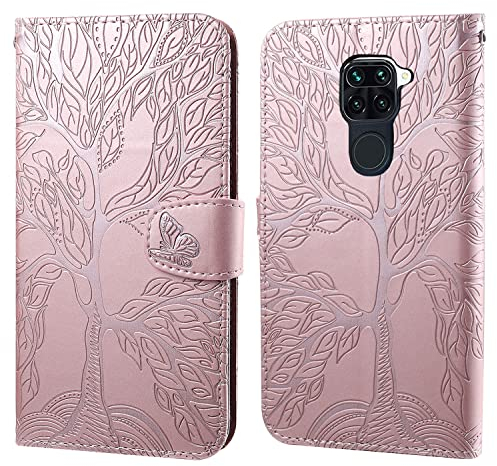 Aisenth Coque pour Xiaomi Redmi Note 9, Arbre de Vie Papillon Motif Housse Case en Cuir PU Cover à Rabat, Portefeuille Étui de Protection avec Fentes pour Cartes, Fonction de Support, Or Rose
