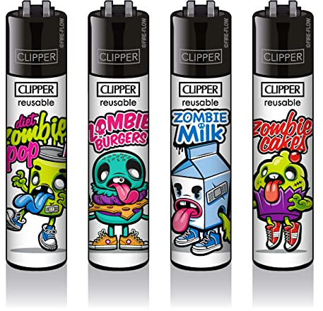 Clipper Classic Original Feuerzeuge 4er Set - Winter Kollektion 2021 + 1 Clipper DHOBIA Feuerzeug GRATIS (Zombie Food) Bunt