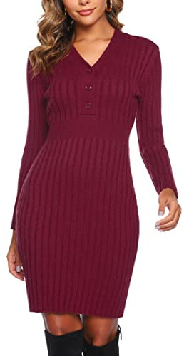 Wayleb Femme Robe Tricotée Hiver Col V Basique Robe Pull Automne Hiver Robe en Tricot Hiver Midi Élégante avec Manches Longues Robe Pull pour Bureau Fête