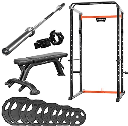 METIS Complete Gym Equipment Set - 1x Power Cage, 1x Olympic Barbell, 1x Weightlifting Bench, 2x Barbell Locking Clips, 2x 5kg - 25kg PU De-decahedral or Bumper Plates (PU Plates (Complete Set)