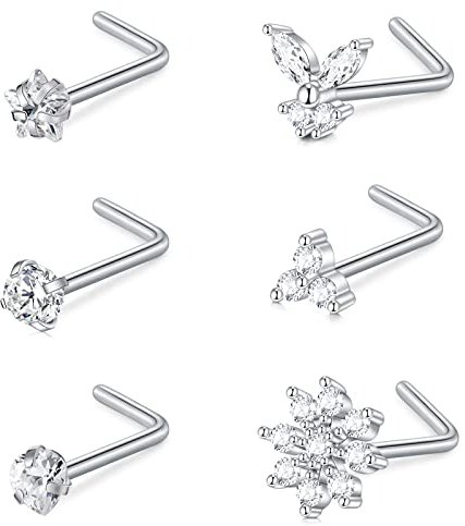 AceFun 18G Gebogene L-förmige Nasenstecker 1MM Edelstahl Nasensteg Nasenloch Piercing Diamant Zirkonia Piercing Körperschmuck Silber Herz Stern Blume Dreieck Schmetterling 7MM