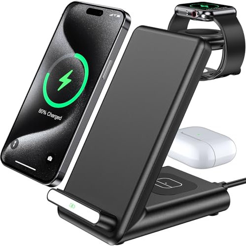 Wireless Charging Station,3 in 1 Wireless Charging Stand Made for Apple Watch Ultra 9 8 7 6 SE 5 4 3,Fast Wireless Charger Made for iPhone 15/Plus/Pro Max/14/13/12/11/X,for AirPods Pro(with Adapter)