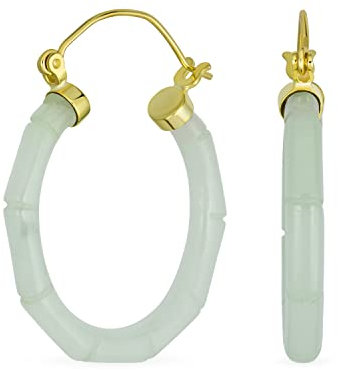 Hellgrüne Jade Echt Edelstein Grün Runde Bambus Jade Reifen Ohrringe Für Frauen 14K Gold Plattiert .925 Sterling Silber 1.2 Zoll Durchmesser