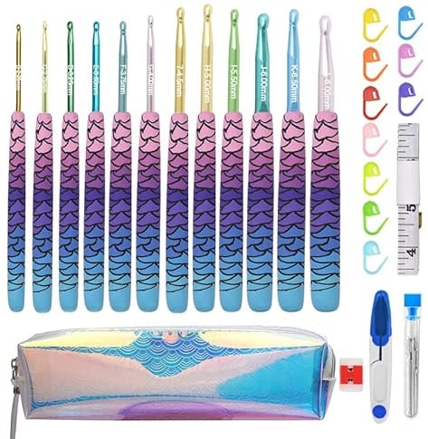 Viaky 36 Stück Häkelnadeln-Set, 12 Stück weiche Griffe, Stricknadeln, 2,25 mm - 8,0 mm, Aluminium, ergonomischer Griff, Meerjungfrauen-Muster, Häkelnadeln-Set für Anfänger, Strickliebhaber