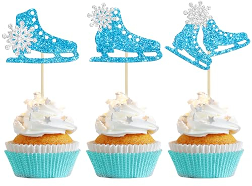 Gyufise Cupcake-Aufsätze für Eislaufen, Glitzer, Eissport, Cupcake-Picks, Dekoration für Skaten, Motto-Party, Babyparty, Kindergeburtstag, Party, Blau, 24 Stück
