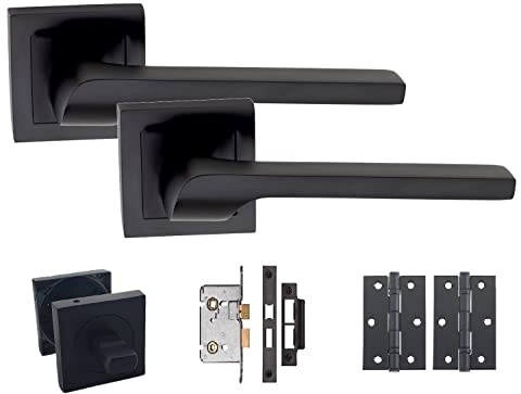 Golden Grace Lever Latch Door Handle on Square Rose Matt Black Bathroom Set | Includes spindle, screws, 64mm mortise lock, thumbturn, and a pair of 75mm hinges for easy installation.