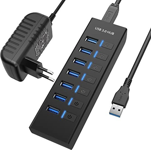 Hub USB Alimenté, JESWO Hub USB 3.0 à 7 Ports Alimenté, Multiprise USB 3.0 avec 15W(5V/3A) Adaptateur Alimentation, Commutateurs Individuels et Indicateur LED, 100 cm Câble
