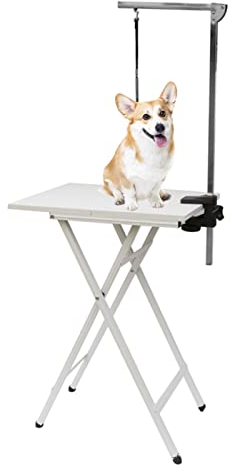 ERRULAN Trimmtisch für Hunde Weißer Klappbarer Pflegetisch Für Kleine Hunde, Pflegetisch-Organisator Mit Arm/Schlinge, Rutschfester Halter Für Haustier-Trimmgeräte