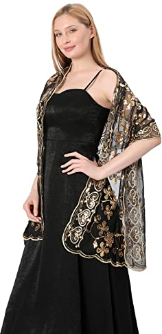 GIBZ Damen Bestickt Glitzer Schal Dünn Vintage Floral Stola Wraps mit Pailletten für Hochzeit Abendkleider, Schwarzes & Gold