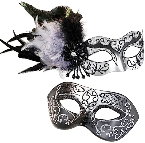 MYSEUNI Silberne Maskerade-Maske für Paare, Maskerade-Maske für Frauen mit Federn und venezianischer Halbmaske, Halloween, für Maskerade-Party, Karneval, Halloween, Cosplay, Abschlussball, Weihnachten