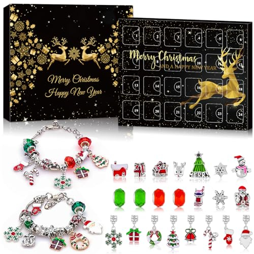 Adwenskalenda 2024 Kinder,Weihnachtskalender Schmuck Mädchen mit 24 Basteln Armband Kit Weihnachten Countdown Kalender Weihnachten Geschenk für Teenager Mädchen 6 7 8 9 10 11 12 Jahre