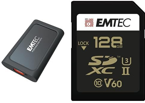 Emtec - Pack création : Disque SSD Externe X210 Elite 1To + Carte SDXC UHS-II U3 V60 SpeedIN Pro+ 128 Go - Pack De 2