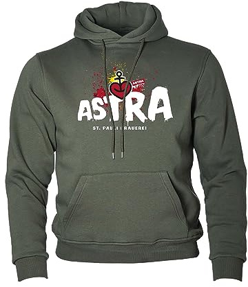ASTRA St. Pauli Brauerei Hoodie Unisex, Sweater in Oliv, sportlicher Kapuzen-Pullover mit Logo-Print auf Brust & Kapuze, Pulli für Männer & Frauen