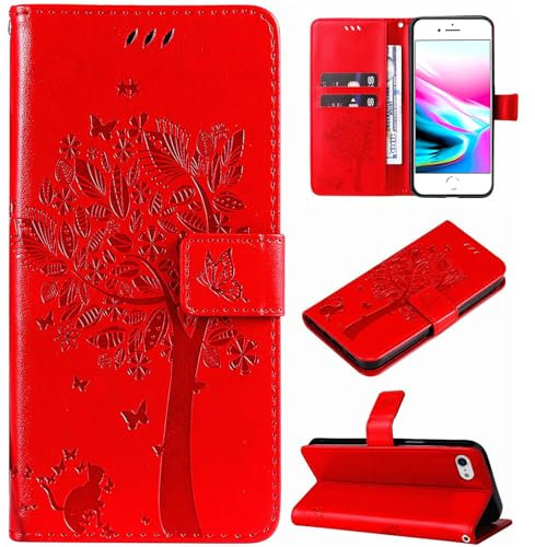 Hancda Case for iPhone SE 2022 / iPhone SE 2020 / iPhone 8 / iPhone 7 Leather Case Wallet Flip Cover with Card Holder Slot Design Pattern Magnetic Stand Strap Shockproof Phone Case Cover,Red